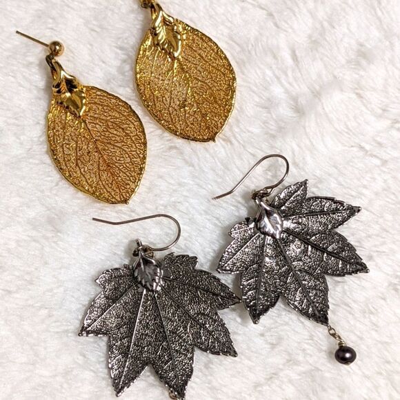 Vintage 80s Silver-plated/Gold Filled Leaf Motif Earrings Made from Real Leaves - Picture 8 of 16